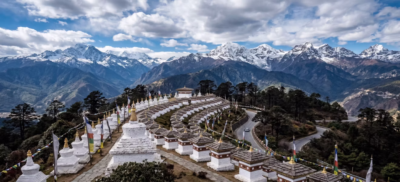 Panoramic Dochula Pass with 108 Druk Wangyal Chortens and Himalayan vistas