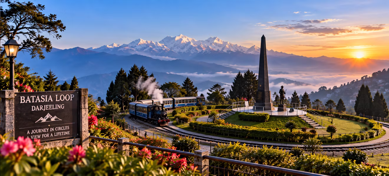 UNESCO World Heritage Darjeeling Himalayan Railway Toy Train chugging along Batasia Loop