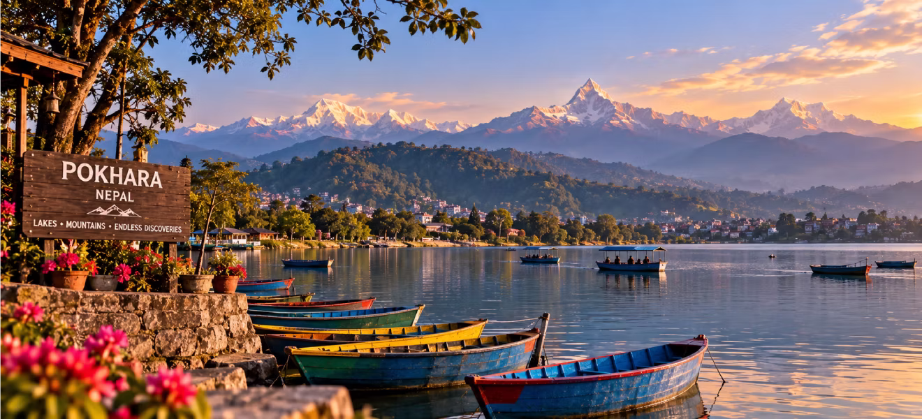 Serene wooden boat ride on Phewa Lake reflecting Fishtail mountain in Pokhara